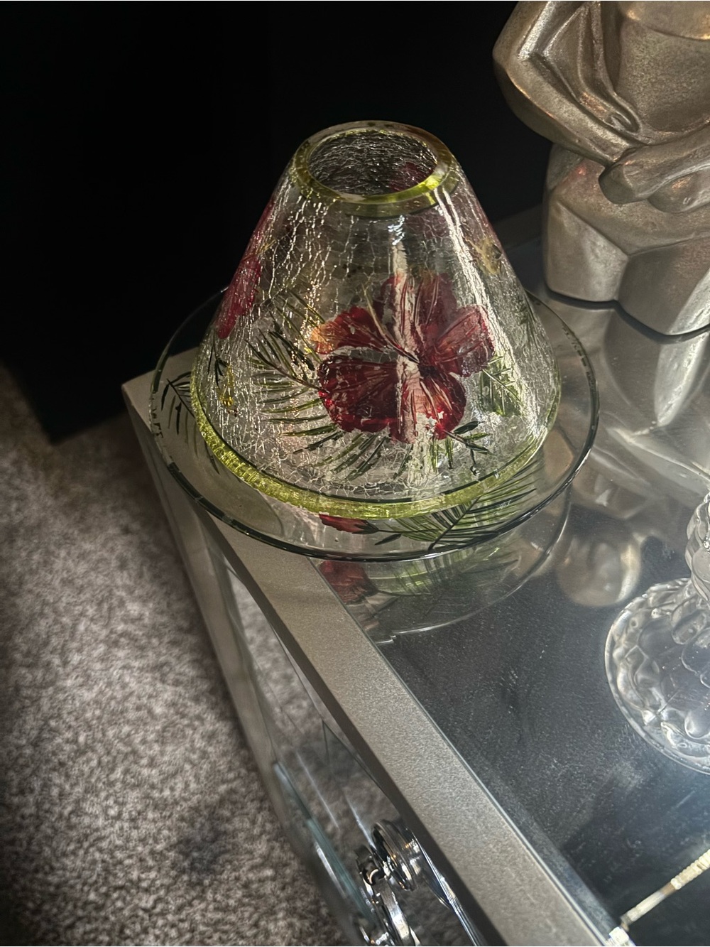 Yankee Candle Red Floral Hand-Painted Glass Shade with Green Accents